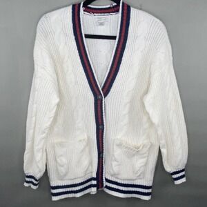 American Eagle Cardigan Women XS White Striped Cable Knit Preppy‎ Varsity School